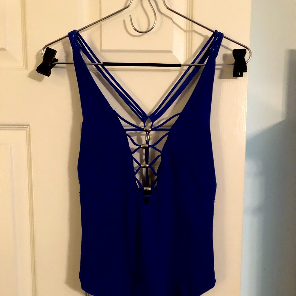Very sexy royal blue one piece.